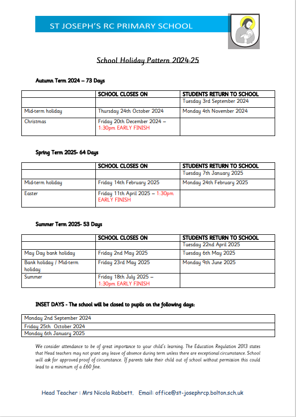 Term Dates – St Joseph's Roman Catholic Primary School
